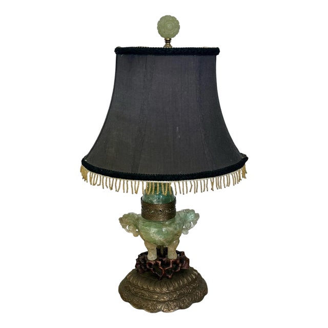 Chinese Carved Stone Foo Dog Lamp With Shade For Sale