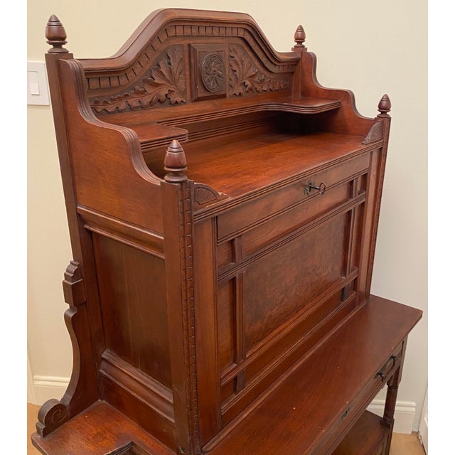 Brown Antique Victorian Art Nouveau Carved Walnut Secretary Desk, Late 19th Century For Sale - Image 8 of 8