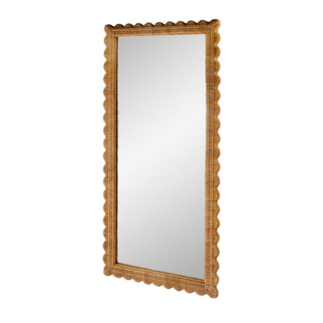 2020s Flora 32 in. W x 69.5 in. H Rectangular Scalloped Rattan Floor Mirror, Honey For Sale - Image 5 of 8