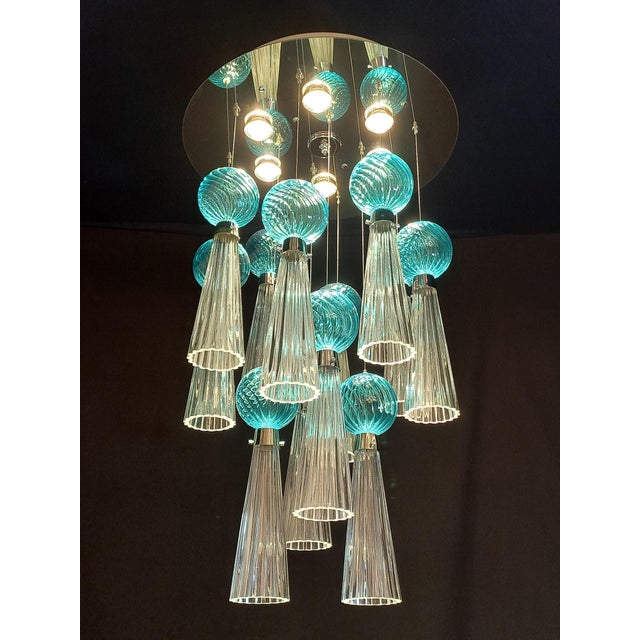 Blue Vintage Art Deco Hand-Blown Murano Glass Ceiling Light with LED Lights, Italy, 1979 For Sale - Image 8 of 10