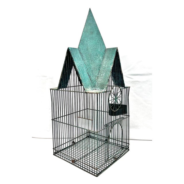 Gothic Vintage Architectural Metal Birdcage With Green Patina Roof For Sale - Image 3 of 11