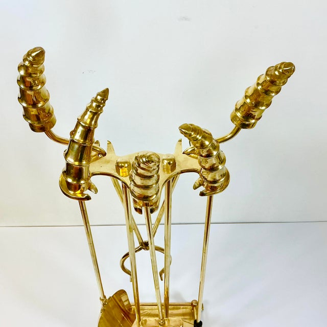 Brass 1970s Vintage Hollywood Regency Boho Chic Brass Horn Fireplace Tools - Set of 5, After Maitland-Smith For Sale - Image 8 of 16