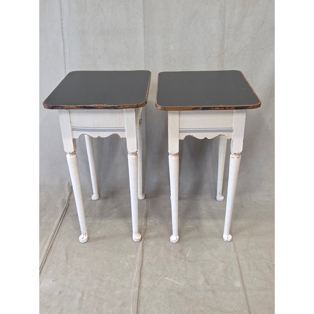 Antique Pine Nightstands Painted White With Gray Banding and Black Tops - A Pair For Sale - Image 15 of 17