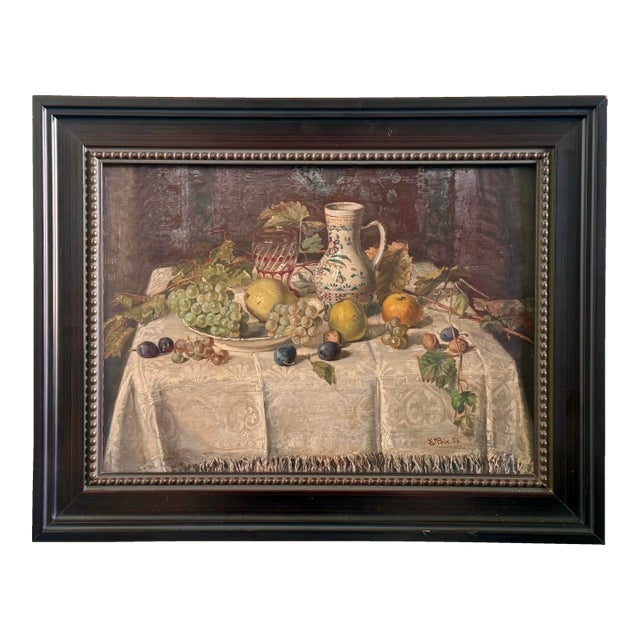 Antique “E. Bix” Still-Life Oil Painting of Fruits on Table, Signed & Framed For Sale