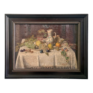 Antique “E. Bix” Still-Life Oil Painting of Fruits on Table, Signed & Framed