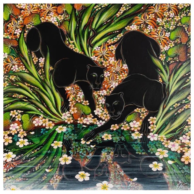 Gustavo Novoa, Panthers in Jungle Oil Painting Surrealist Art Gustavo Novoa Green Dark Mirror For Sale - Image 4 of 6