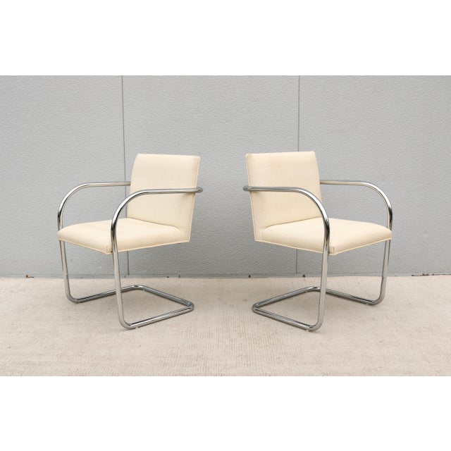 Ludwig Mies Van Der Rohe Brno Tubular Chairs in Cream Fabric by Gordon - A Pair For Sale - Image 9 of 18