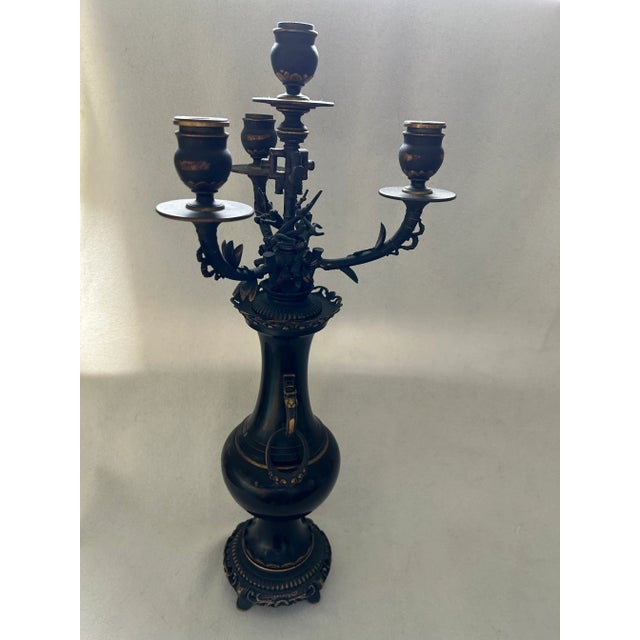 Antique Ornate Chinese Bronze Four Armed Candelabra For Sale - Image 4 of 11
