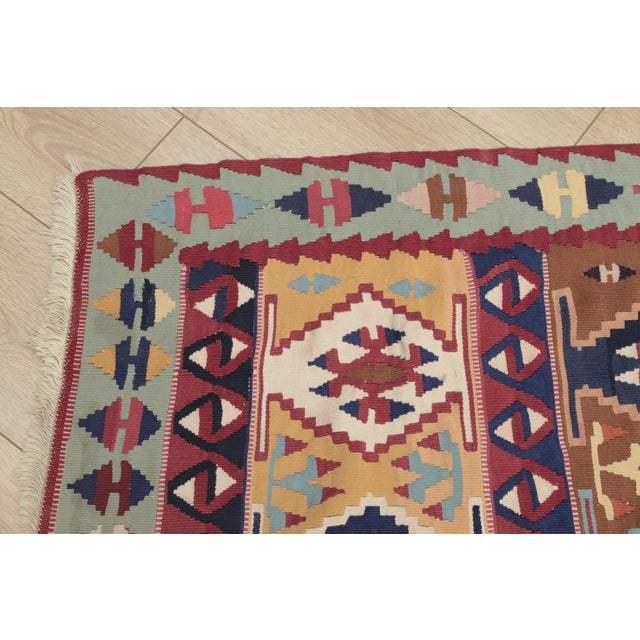 1970s Turkish Tribal Style Geometric Design Multicolor Hand Knotted Oushak Kilim Runner Rug For Sale In Sacramento - Image 6 of 13