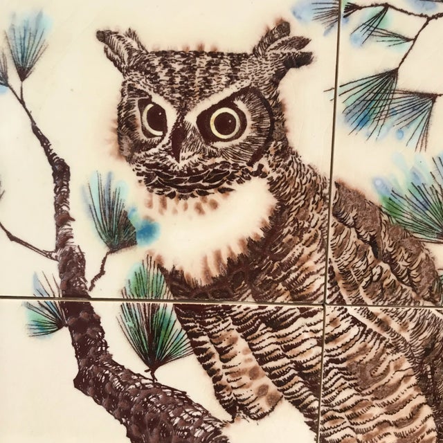 Mid-Century Modern Mid-Century Hand Decorated Framed Owls Tile Panel For Sale - Image 3 of 8