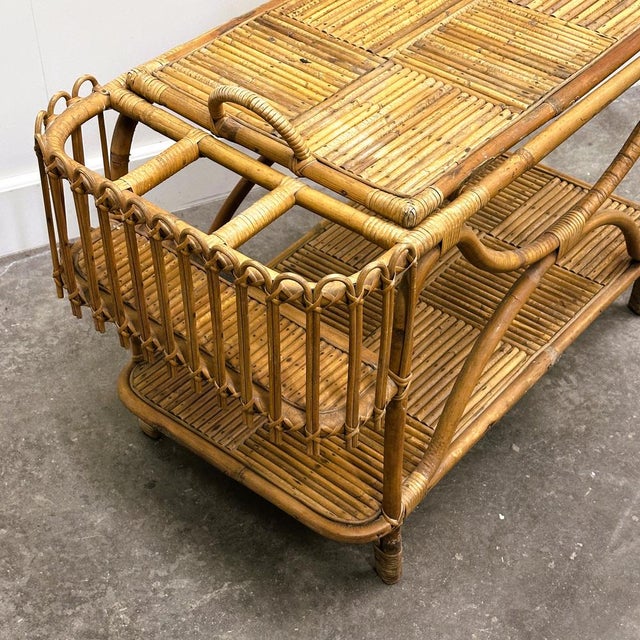 Large French Riviera Rattan Bar Cart with Bottle Holder, 1960s For Sale - Image 6 of 14