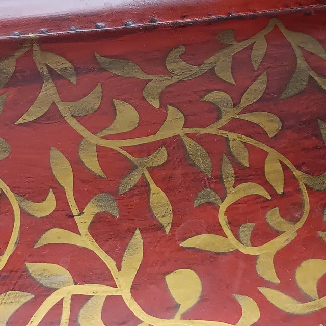 Large Metal Serving Tray Cranberry Red and Gold Leaf Vine Design Ornate Handles For Sale - Image 13 of 18