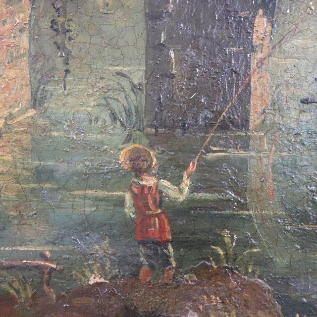 Landscape with River and Bridge, Oil Painting on Canvas, 19th Century, Framed For Sale - Image 9 of 13