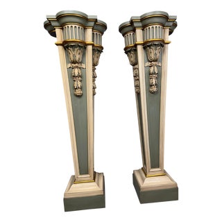 19th Century Green Neoclassical Painted and Parcel-Gilt Pedestals - A Pair For Sale