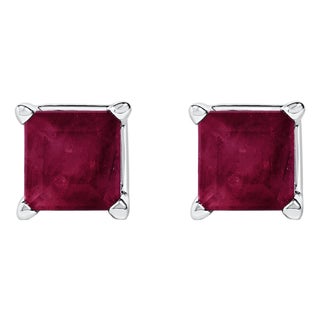 14K White Gold 5x5MM Princess Cut Red Ruby Solitaire Stud Earrings For Sale