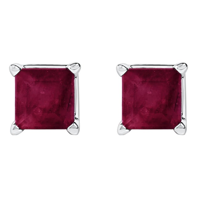 14K White Gold 5x5MM Princess Cut Red Ruby Solitaire Stud Earrings For Sale