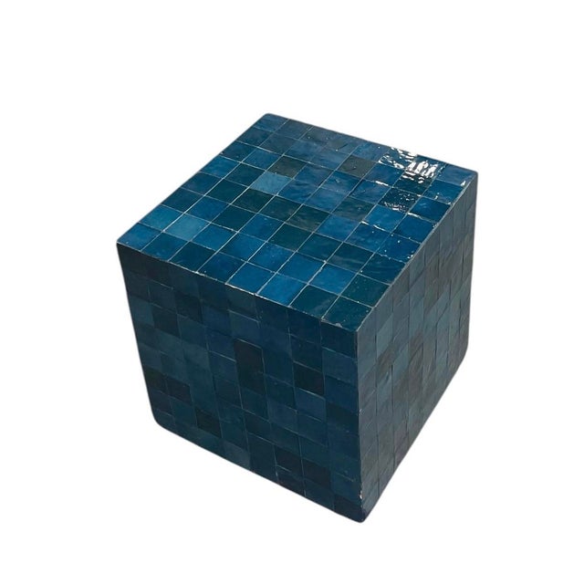 Vintage Moroccan Deep Blue Zellige Terracotta Tile Cube Side Table For Sale In West Palm - Image 6 of 12