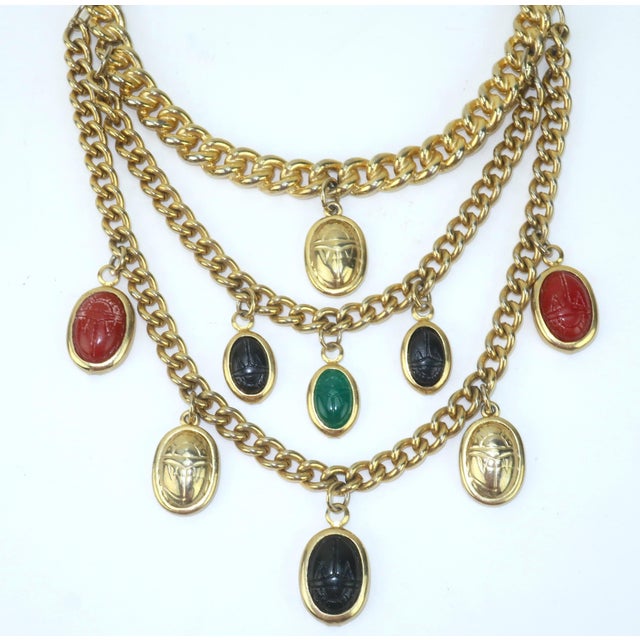 Vintage Scarab Bib Chain Link Egyptian Style Necklace, c.1980 For Sale In Atlanta - Image 6 of 11