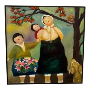Mother With Children, Original Framed Oil on Canvas by Youngsook Park, Singapore