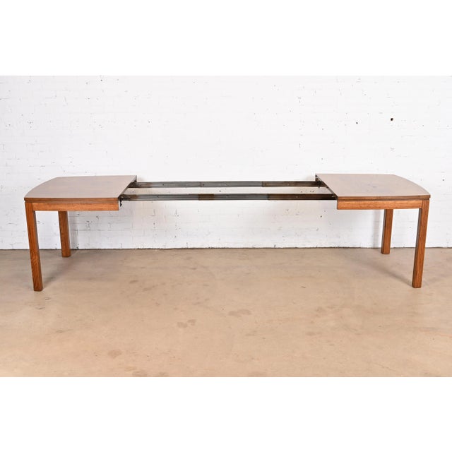 Brown Thomasville Mid-Century Modern Patchwork Oak Parsons Extension Dining Table, Newly Refinished For Sale - Image 8 of 12