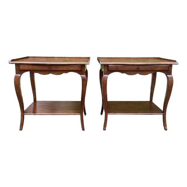 1970s Pair of Minton-Spidell French Provincial Walnut End Tables With Drawers – Fully Restored For Sale