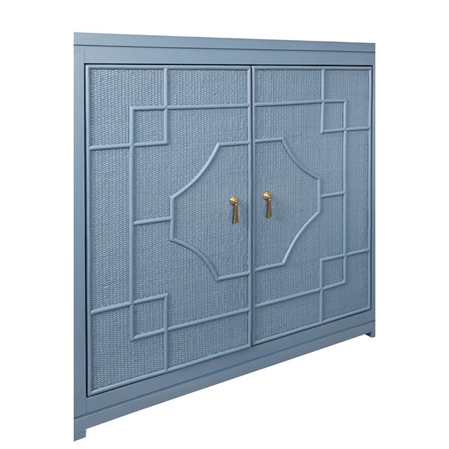 Worlds Away Matthew Izzo Home Isabel Capri Blue Greek Key Design Rattan Overlay With Brass Accents For Sale - Image 4 of 8