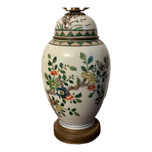 Antique Early 20th Century Chinese Famille Vert Porcelain Ginger Jar Mounted in Gilt Bronze as a Table Lamp