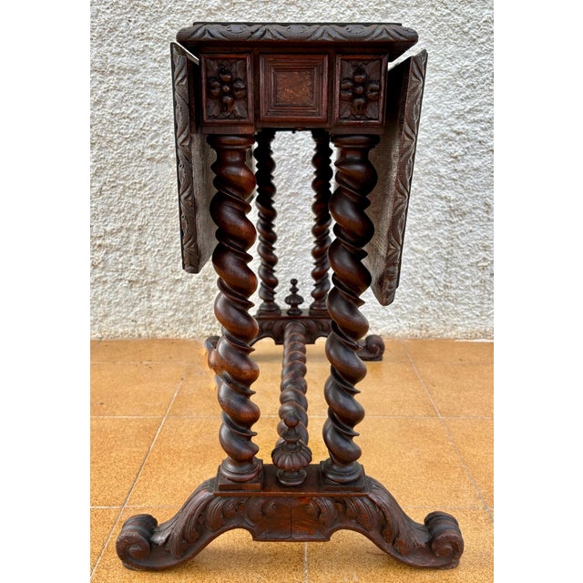 Brown 1920s Spanish Baroque Revival Drop-Leaf Table With Carved Barley Twist Legs For Sale - Image 8 of 10