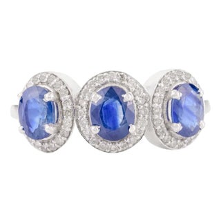 Blue Sapphire & Halo Diamond Three Stone Engagement Ring Size 6 For Sale