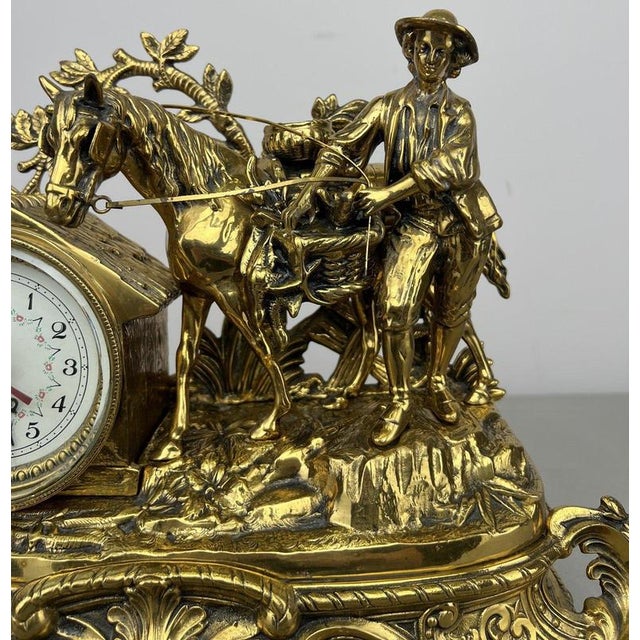 Metal Vintage French Ornate Quartz Mantel Clock with Horse Figure For Sale - Image 7 of 16