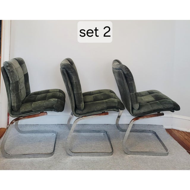 1970s Suede and Chrome Cantilever Dining Chairs in Moss Green Attributed to Roche Bobois-Set of 6 For Sale - Image 11 of 17