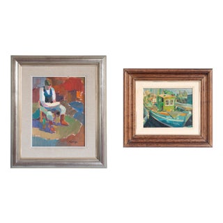 Post Impressionist Artist, Fisherman and Fishing Boats, 1980s, Oil on Canvases, Framed, Set of 2 For Sale
