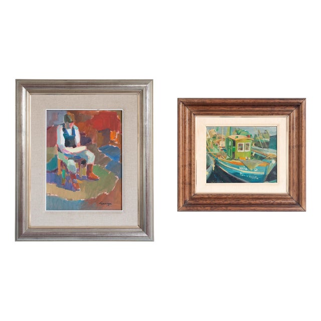 Post Impressionist Artist, Fisherman and Fishing Boats, 1980s, Oil on Canvases, Framed, Set of 2 For Sale