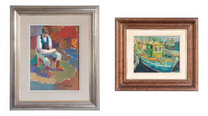 Post Impressionist Artist, Fisherman and Fishing Boats, 1980s, Oil on Canvases, Framed, Set of 2