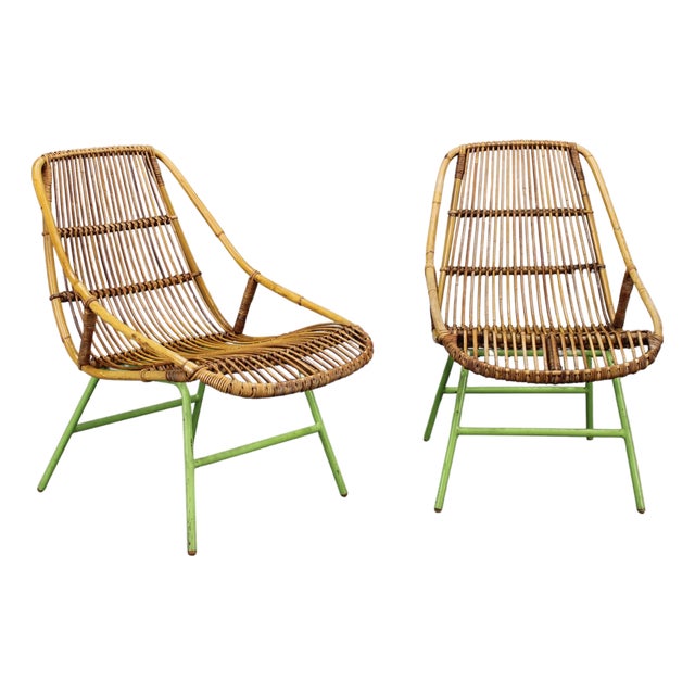 Rattan Lounge Chairs by Alan Fuchs for Uluv, Czechoslovakia, 1960s, Set of 2 For Sale