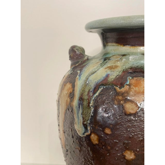 Chocolate Antique Abstract Asian Raku Ceramic Pottery Vase in Celadon, Camel, Chocolate Brown For Sale - Image 8 of 12