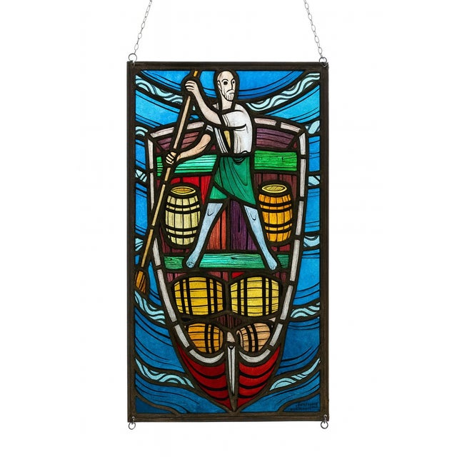 Stained Glass Panel with Man on a Boat in the style of Tiffany by Max Brunner, Swiss, 1980 For Sale - Image 4 of 4