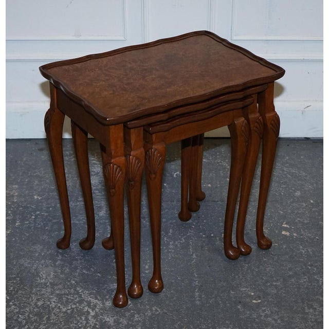 Antiques of London Beautiful 1920s Art Deco Burr Walnut Nest of Tables. Measurements Height - 58cm Width 56cm Depth - 39cm...