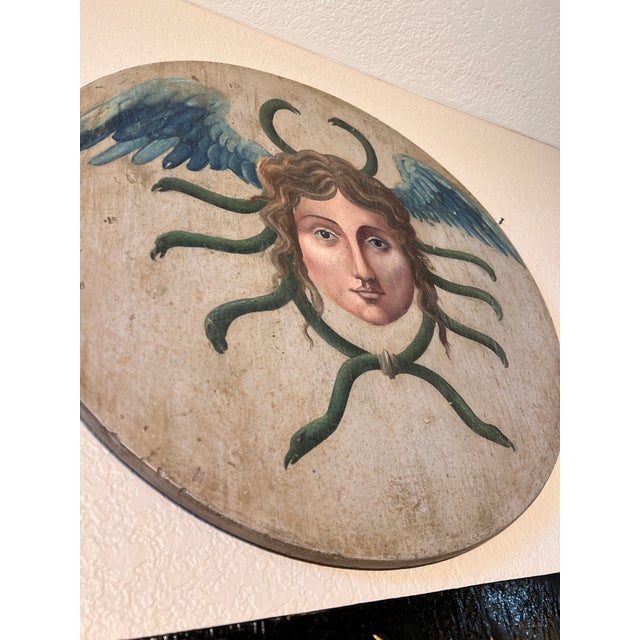 Allegorical Hand-Painted Oil on Wood Baroque Wall Hanging Plaque of Winged Medusa For Sale - Image 14 of 15