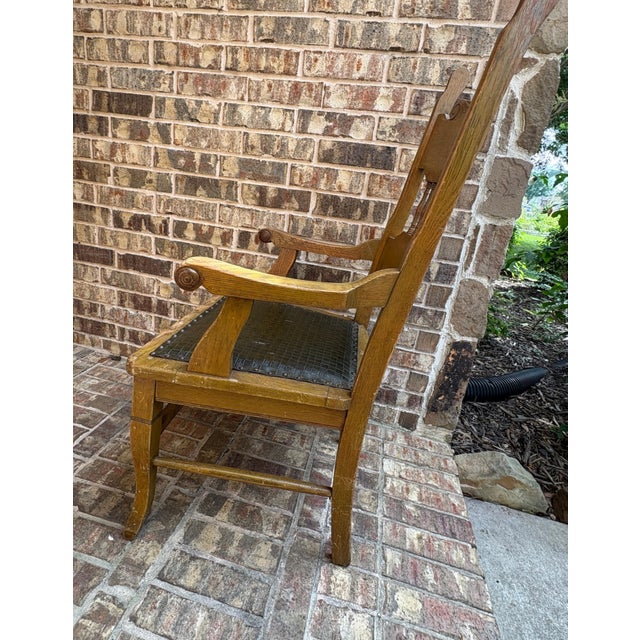 American Antique American Oak Armchair With Embossed Leather Seat, Circa 1910s–1920s For Sale - Image 3 of 11