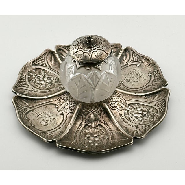 Outstanding Antique Victorian Hand Made London Sterling Silver & Hand Gut Crystal Inkwell - Circa 1865 For Sale - Image 15 of 18