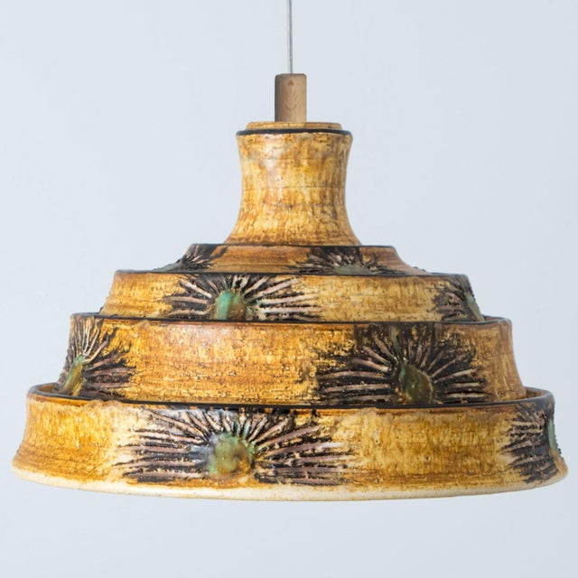 Pyramid Brown Yellow Ceramic Pendant Light, Denmark, 1970s For Sale - Image 4 of 14