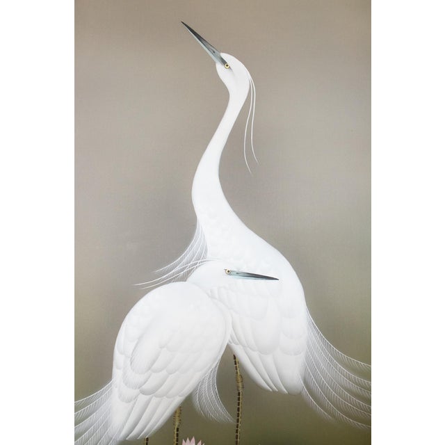 "Egrets and the Moon" by Kawamura Shusui, Showa Era Japanese Silk Scroll Painting For Sale - Image 13 of 18