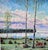 Vintage serene landscape oil painting depicting cows grazing by sea, with birch trees and fluffy clouds with pink accents....
