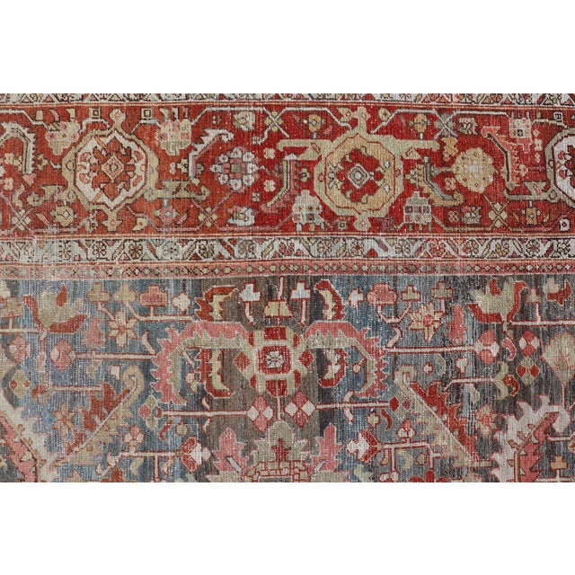Red Persian Antique Serapi Rug With All-Over Geometric Design in Gray-Blue and Red For Sale - Image 8 of 14