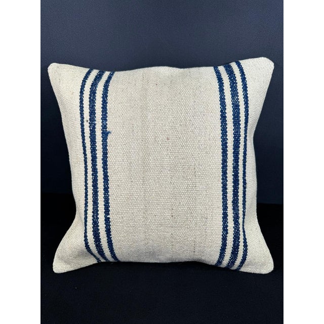Turkish Hemp Pillow Cushion Natural Beige Blue Cushion Cover 20x20 For Sale - Image 4 of 4