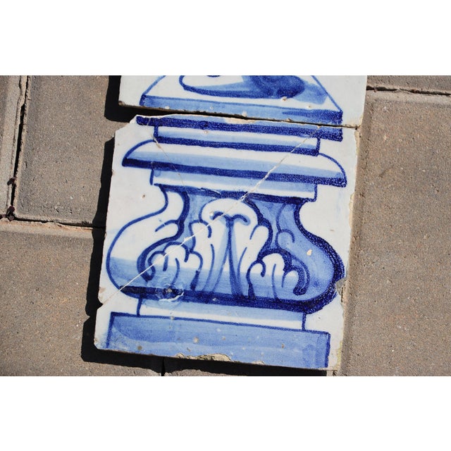 18th Century Antique 18th Century Blue & White Set of Four Tiles With Angel Above Flower Vase For Sale - Image 5 of 6