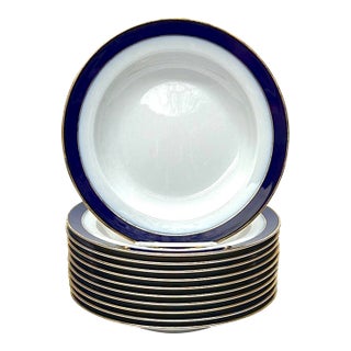 Timeless Classic Navy & Gold Rimmed Porcelain Soup Bowls by Eschenbach Germany - Set of 10 For Sale