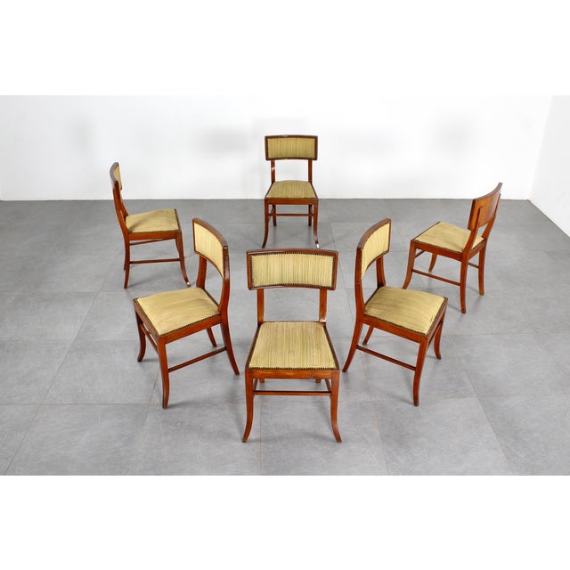 Mid-Century Italian Wood and Yellow Fabric Chairs, 1960s, Set of 6 For Sale - Image 4 of 16