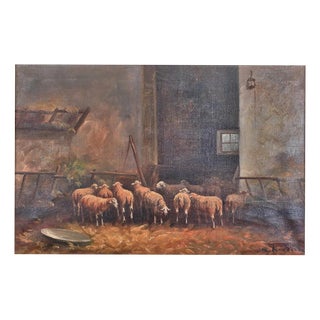 Sheep in a Stable, 1800s, Oil on Canvas, Framed For Sale